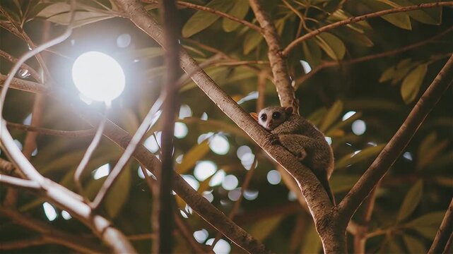 A female colugo (Galeopterus variegatus) with baby nocturnal in treetop at night , Singapore.
