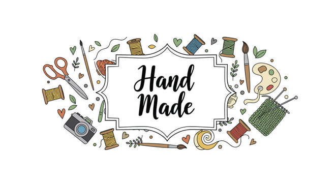 Hand made craft banner surrounded by various tools including scissors, a camera, paint brushes, a palette, and colorful balls of yarn.