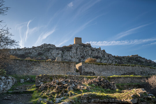 Ancient Acrocorinth Castle Ruins on Rocky Hillside Greece