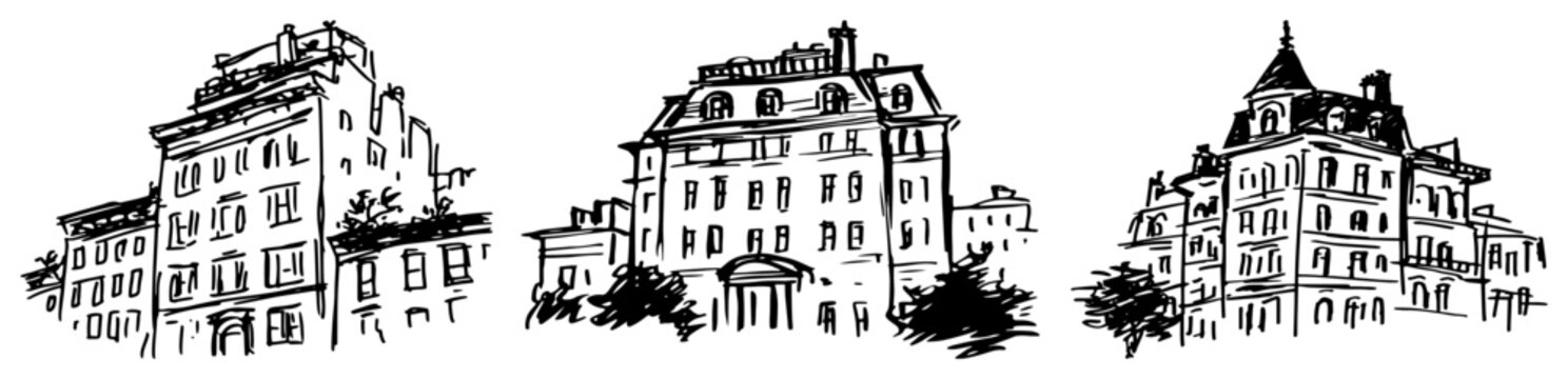 Historical European city buildings and classical mansions in hand drawn sketch style