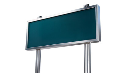 Isolated blank dark green outdoor signage with sleek silver frame and solid uprights © Aoife