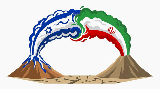 Volcanoes of Conflict: Two volcanoes erupting with the flags of Israel and Iran symbolize an ongoing geopolitical tension and cultural clash, set against a parched, cracked earth.