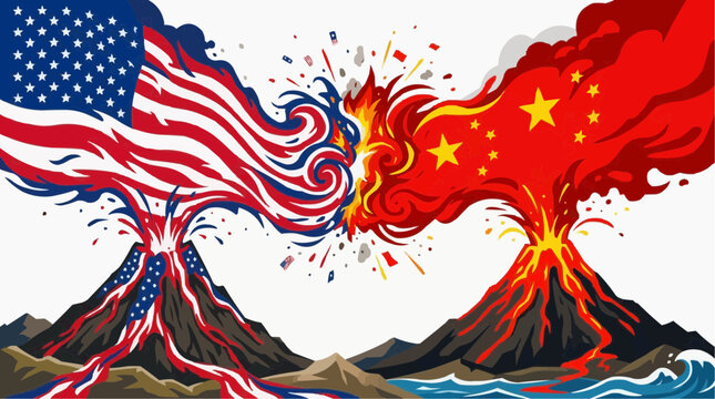 USA vs China Conflict: An abstract representation of the intense rivalry and conflict between the United States and China, depicted as erupting volcanoes with their respective flags as fiery plumes.