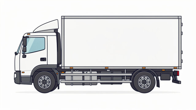 Gray delivery truck with large white cargo container on urban road side view