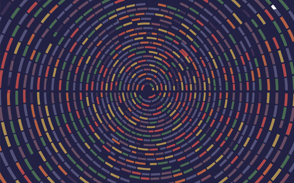 Colorful concentric dash lines spiral into a dark digital space, creating an energetic and hypnotic glowing data visualization.