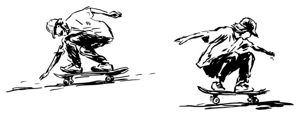 Skateboarders performing tricks and riding skateboards hand drawn sketch style © AdrianGebert
