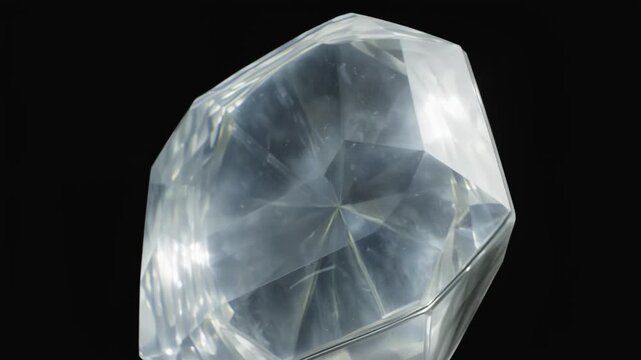 Clear crystal gemstone rotating to reveal intricate facets and reflections, showcasing its brilliance against a dark background in a visually captivating display