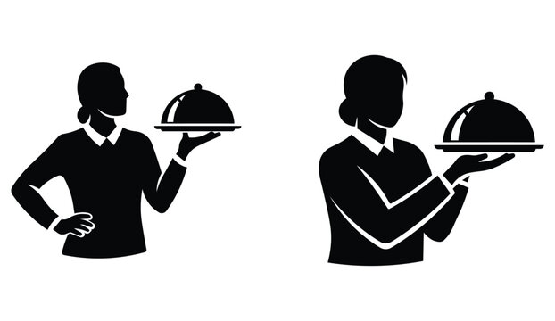 Professional waitress silhouette icons, female server holding food tray with cloche, elegant restaurant staff vector set for catering and hospitality branding