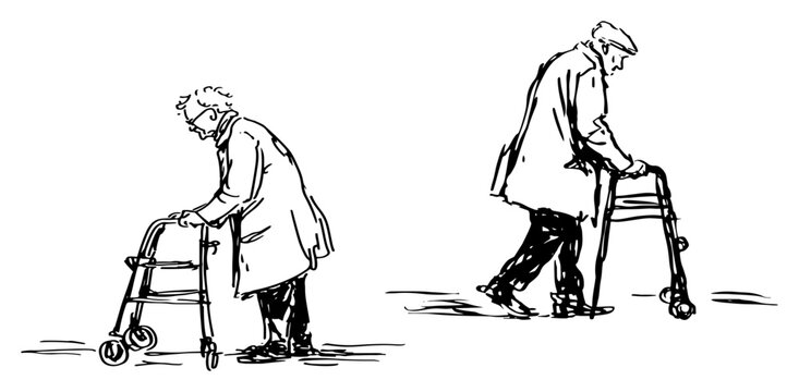 Senior citizens using walkers for mobility assistance in hand drawn sketch style