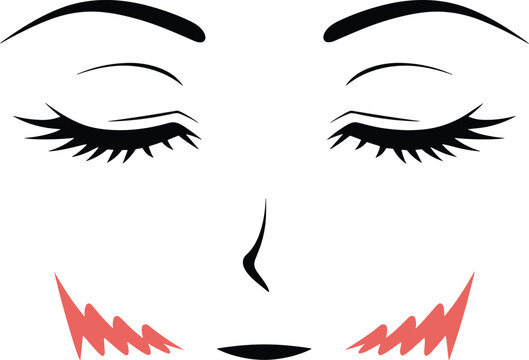 Minimalist anime girl face with closed eyes and blushing pink cheeks showing peaceful sleep on a bright white studio setting.
