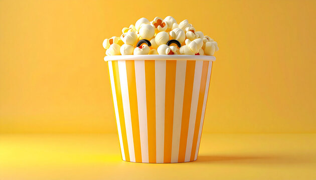Popcorn overflowing striped cup against yellow