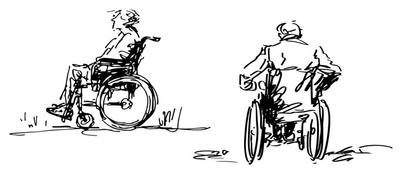 Person in a wheelchair seen from different angles in ink sketch style
