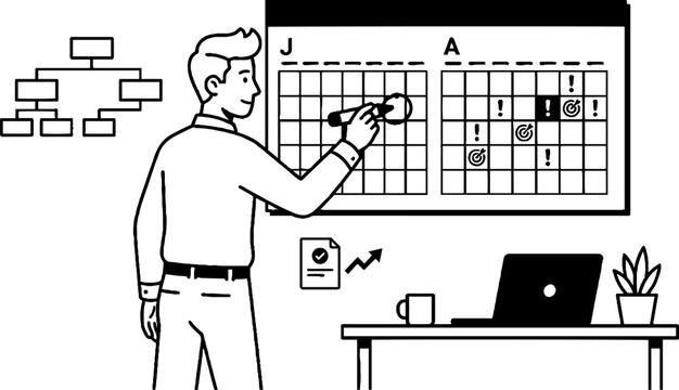 Businessman planning schedule on large wall calendar