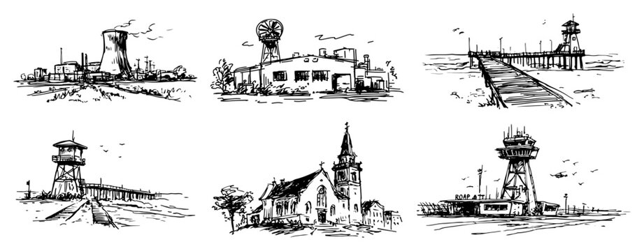 Diverse architectural structures including industrial plants and rural landmarks in hand drawn sketch style