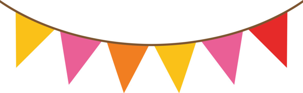 Vibrant triangular bunting pennants hanging on a brown string creating a joyful party atmosphere with flat lighting.