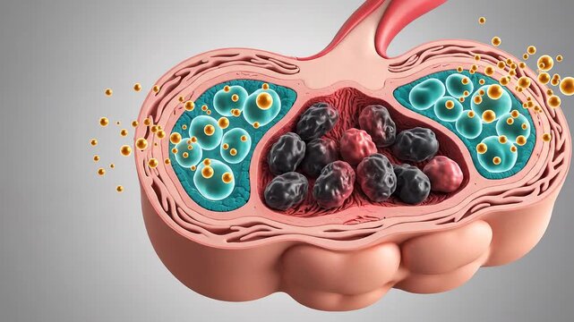 Microscopic View of Cellular Respiration Process Showing Glucose Molecules Entering a Cell and Mitochondria Generating Energy