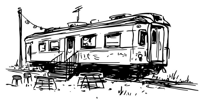 Vintage train carriage converted into a diner or dwelling in hand drawn sketch style