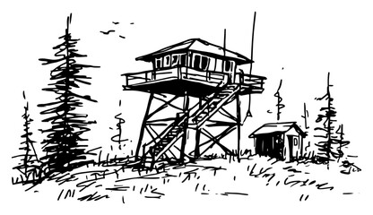Obraz premium Wooden fire lookout tower and pine tree in wilderness hand drawn sketch style