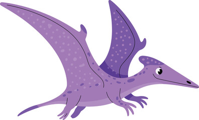 A happy purple pterodactyl flying gracefully through the air, featuring a friendly smile and bright even lighting on white. ©  Victory Pixel