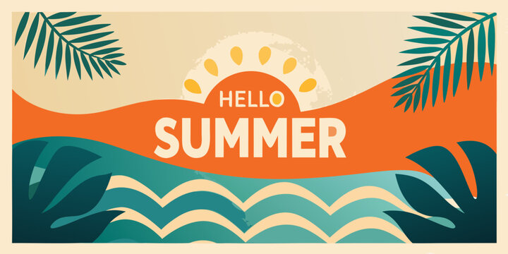 summer greeting graphic with palm leaves and sun