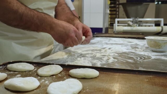Baker's hands skillfully kneading and shaping dough for bread on a floured work surface. Artisan preparing fresh pastry in a bakery