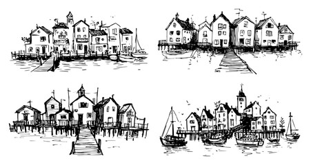 Obraz premium Waterfront village houses on stilts with wooden piers and boats in hand drawn sketch style