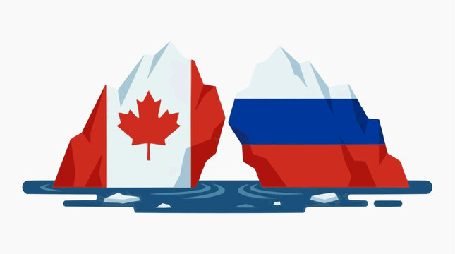 Canada Russia Flag Iceberg Diplomacy: Two icebergs, each adorned with the national flag of Canada and Russia respectively, drift apart in the ocean.