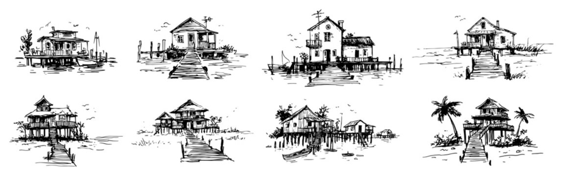 Tropical overwater bungalows and lakeside stilt houses with palm trees in hand drawn sketch style
