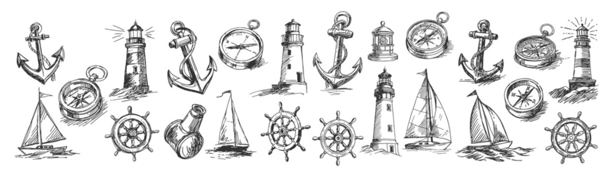 Vintage maritime sketches with lighthouses anchors compasses and sailboats in classic ink drawing style