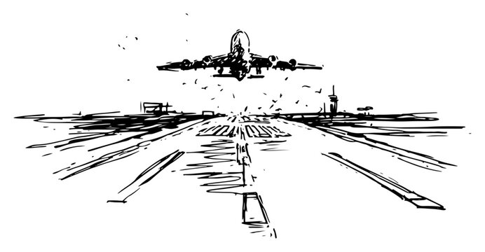 Airplane taking off from airport runway hand drawn sketch style
