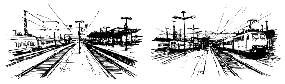 Railway station platforms and train tracks perspective hand drawn sketch style