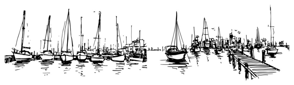 Sailboats and yachts moored in harbor with pier hand drawn sketch style