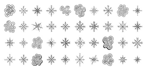 Set of vintage nautical compass roses and treasure map island outlines for adventure design © 99VectorS