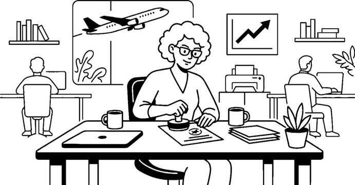 Businesswoman stamping documents in a busy office