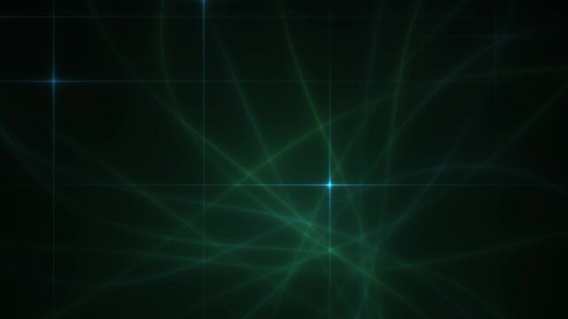 Abstract green and blue glowing light lines moving across a black background to visualize a digital data network or scientific concept.