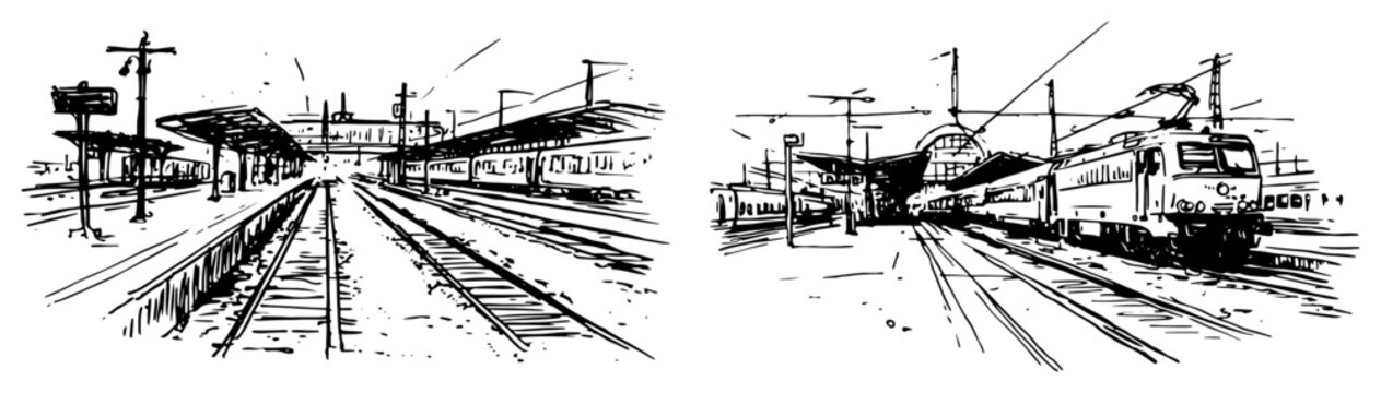 Train station platforms and locomotive on tracks set in hand drawn sketch style