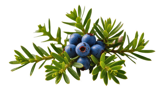 Isolated fresh juniper branch with ripe blue berries and green needle-like leaves