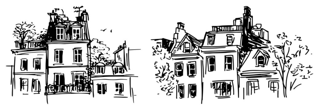 Historical townhouses and European city buildings with classic facades in hand drawn sketch style