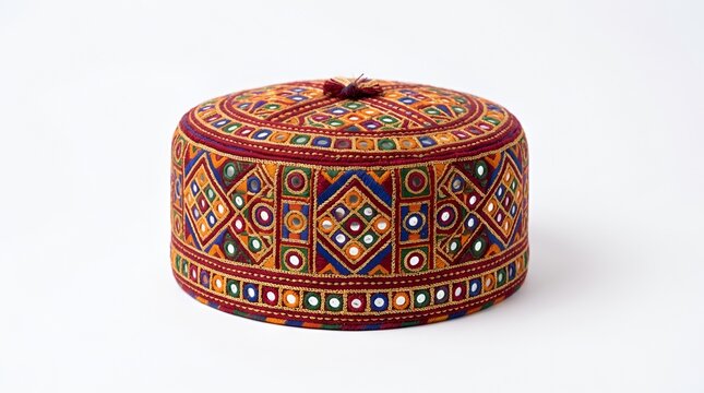 Title: Traditional sindhi cap with colorful embroidery and mirror work handmade cultural headwear from pakistan isolated on a white background