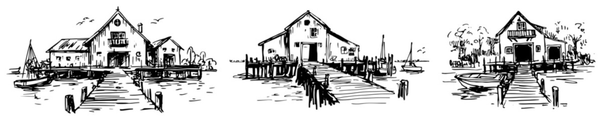 Obraz premium Waterfront houses and coastal buildings on wooden piers hand drawn sketch style