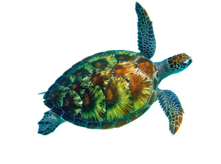 Isolated vibrant green sea turtle with beautiful shell patterns, swimming peacefully. © Conor