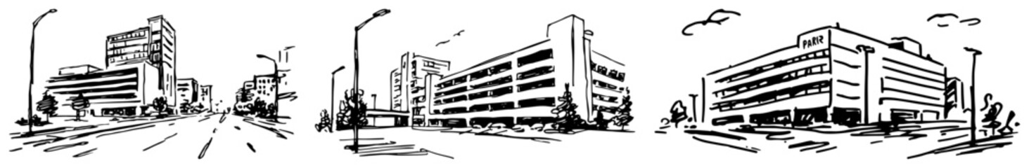 Urban street scenes featuring multi-story parking structures and modern commercial buildings in sketch style © AdrianGebert