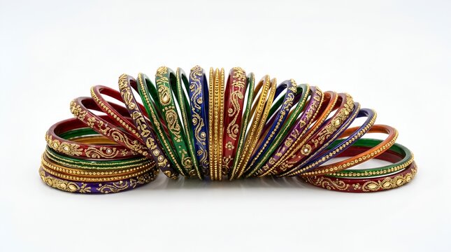 Row of traditional colorful glass bangles churiya with golden glitter design cultural south asian bridal jewelry isolated on white background