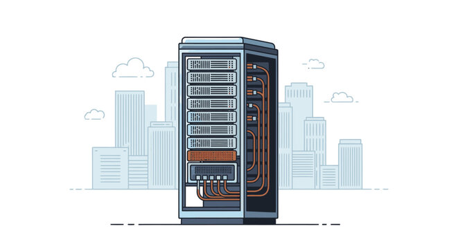 Server room or data center illustration with cityscape background