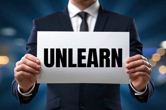 Man in a Suit Holding a Sign with the Single Word Unlearn