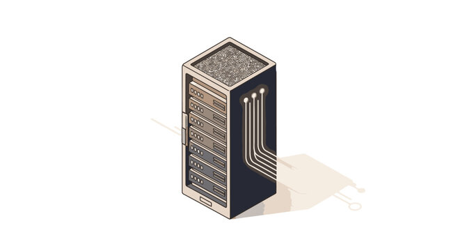 Isometric illustration of a server rack, representing data storage, technology, and IT infrastructure on a white background