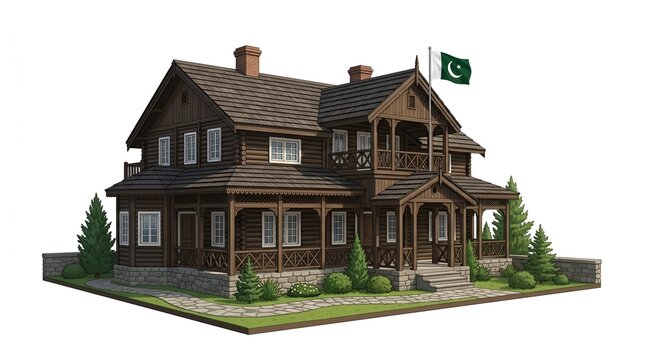 Traditional wooden house architecture with pakistan national flag flying on rooftop realistic 3d render isolated on white background