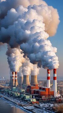Industrial Powerhouse: A row of towering industrial cooling towers billowing thick plumes of white smoke against a clear blue sky, symbolizing immense power generation and industrial might.