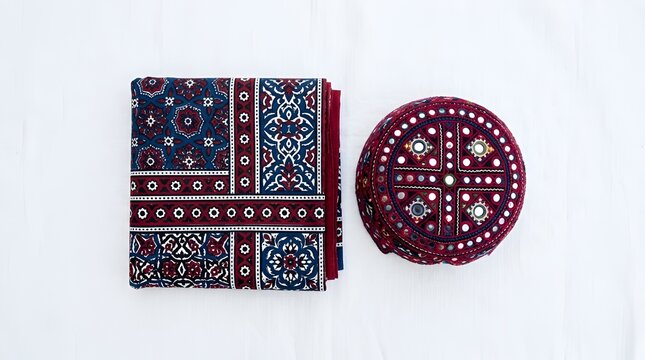 Traditional sindhi ajrak block print fabric with matching embroidered mirror work topi cap isolated on white background cultural pakistani heritage assets