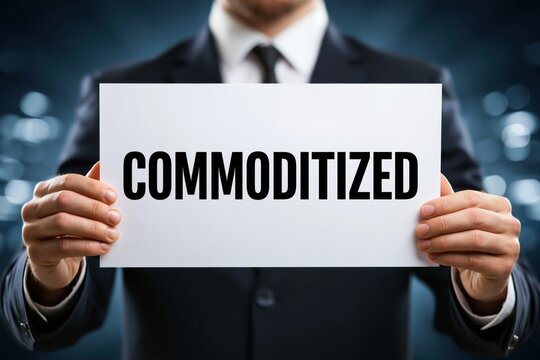 Man in a Suit Holding a Sign with the word Commoditized